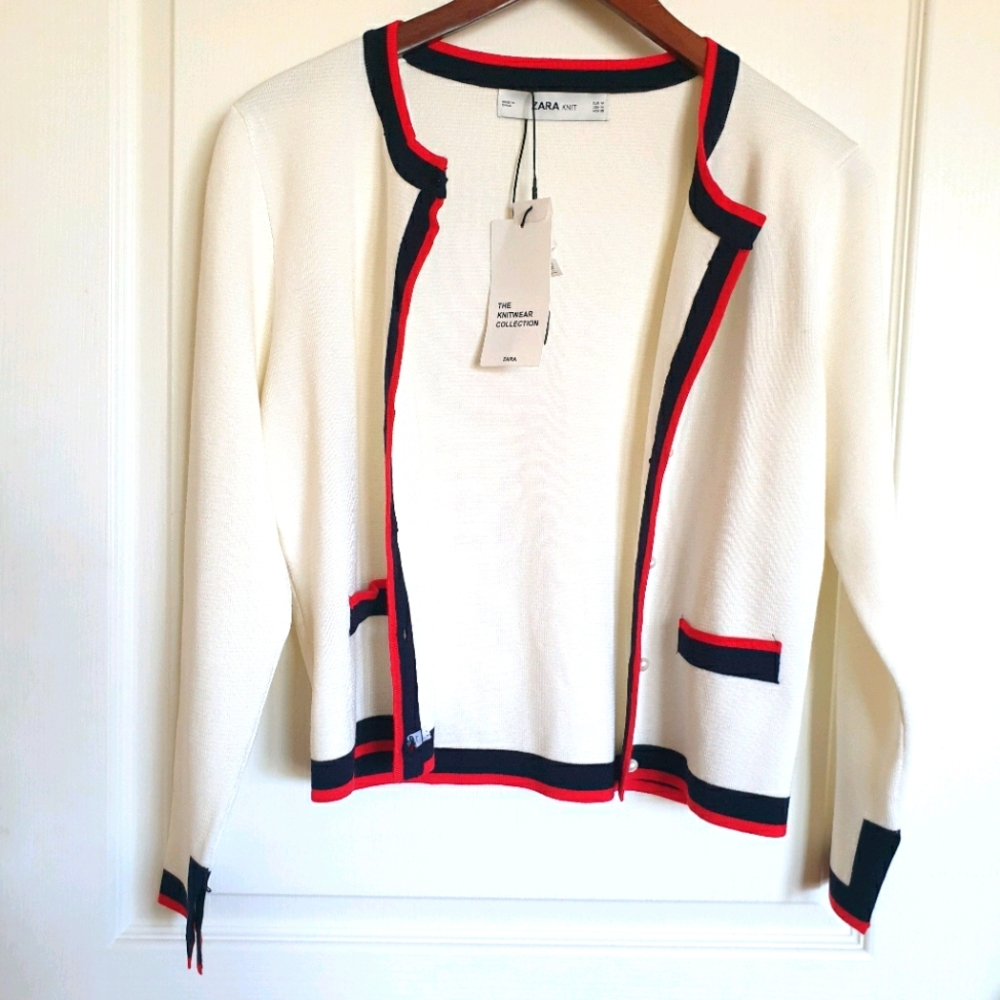 Zara Knit Cardigan- Cream blue and red trim